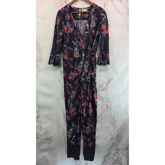 Maeve Jumpsuit Womens XL 16 Navy Red V Neck Tie Flared Espoir